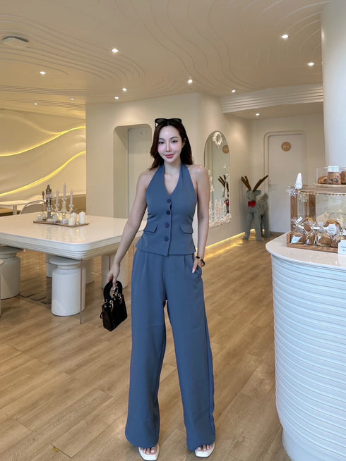 Women Casual Halter Neck Waist Coat with Trousers Sets